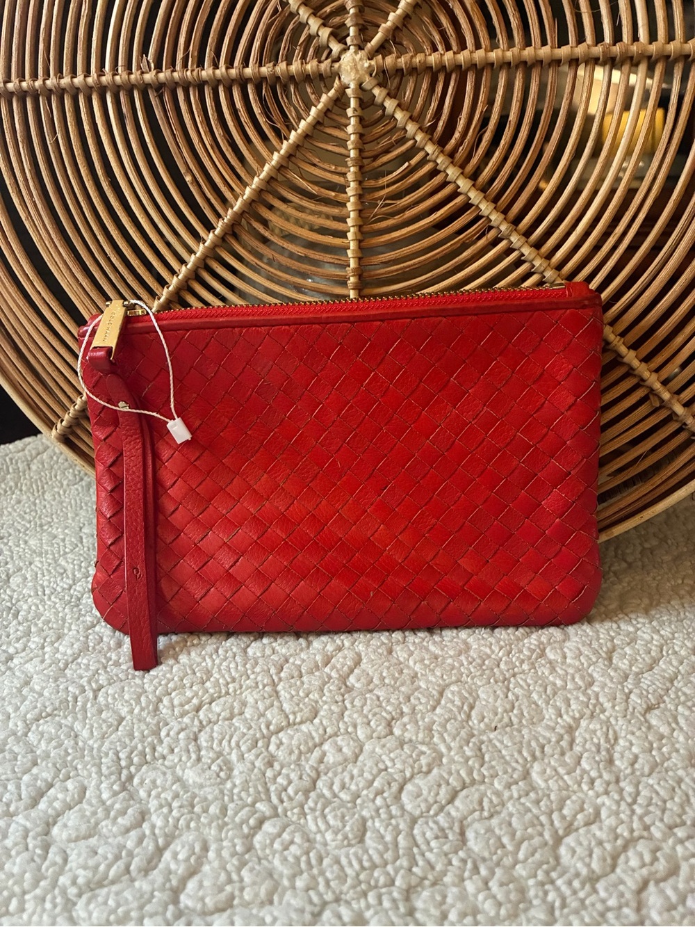 Cole Haan Red Woven Leather Wristlet Clutch Pouch Gold Hardware